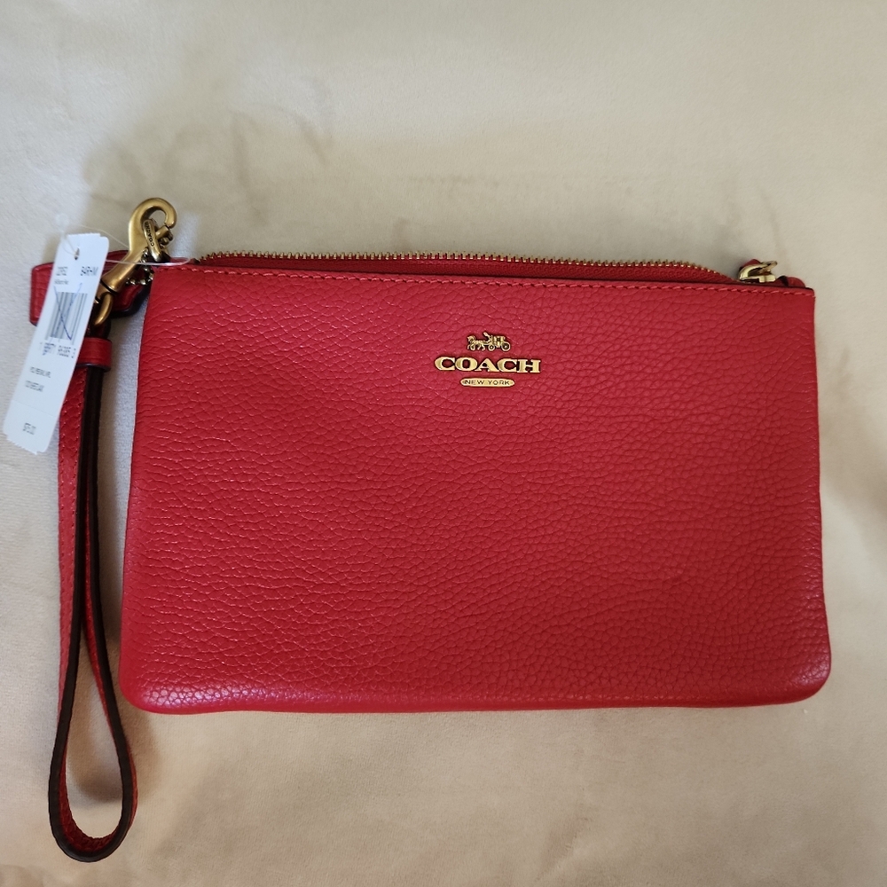 Coach Pebbled Leather Wristlet in Electric Red